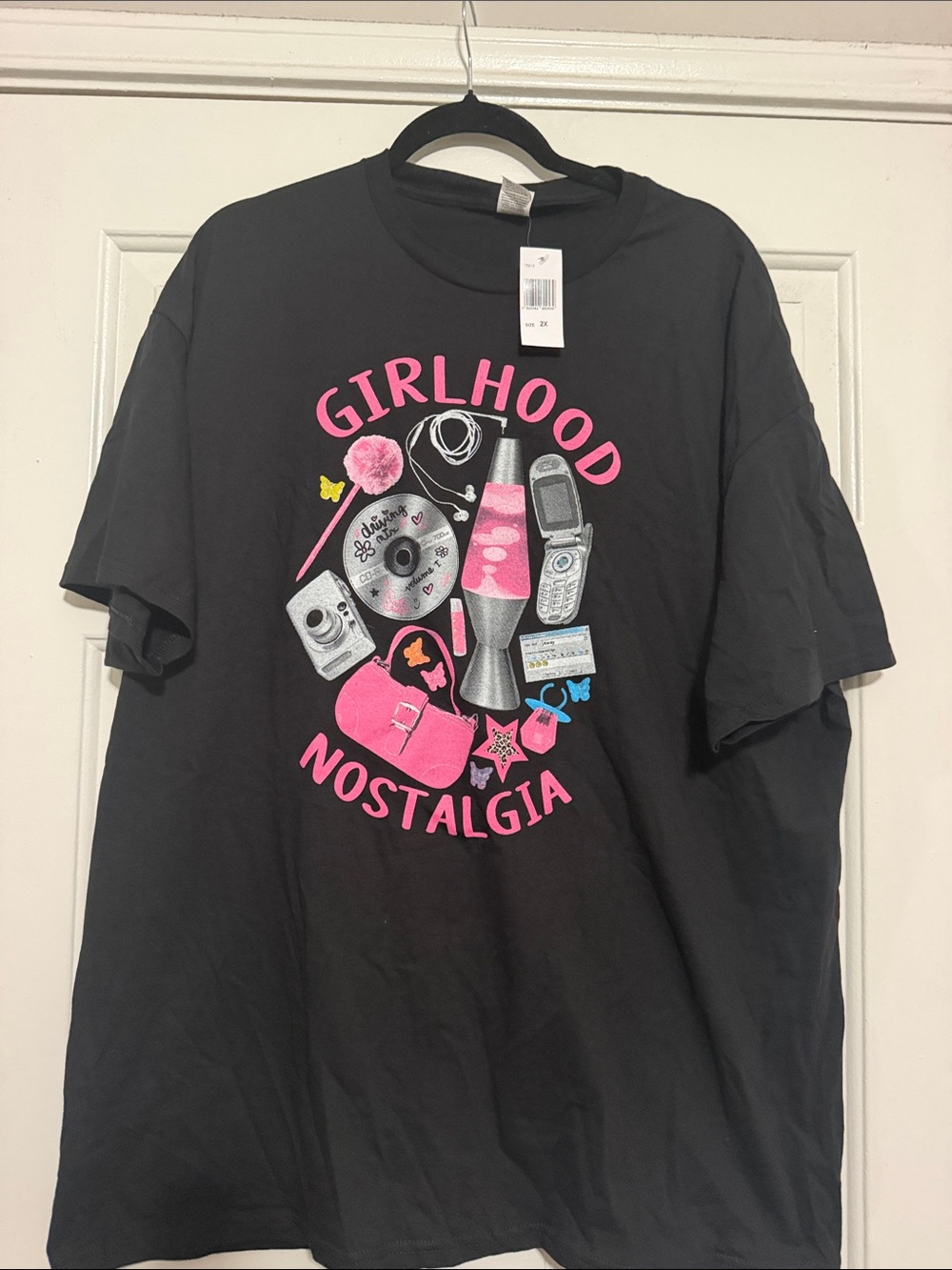 Amazon Black Graphic Tee with Pink & Silver Retro Print